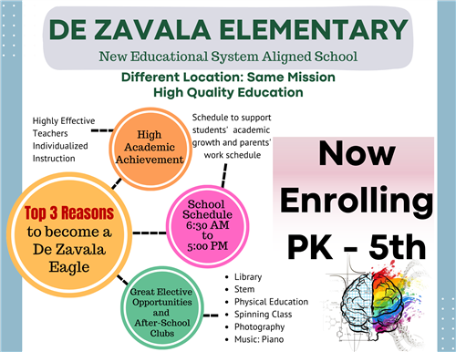 Now Enrolling PK - 5th De Zavala Elementary New Educational System Aligned School Different Location: Same Mission High Quali